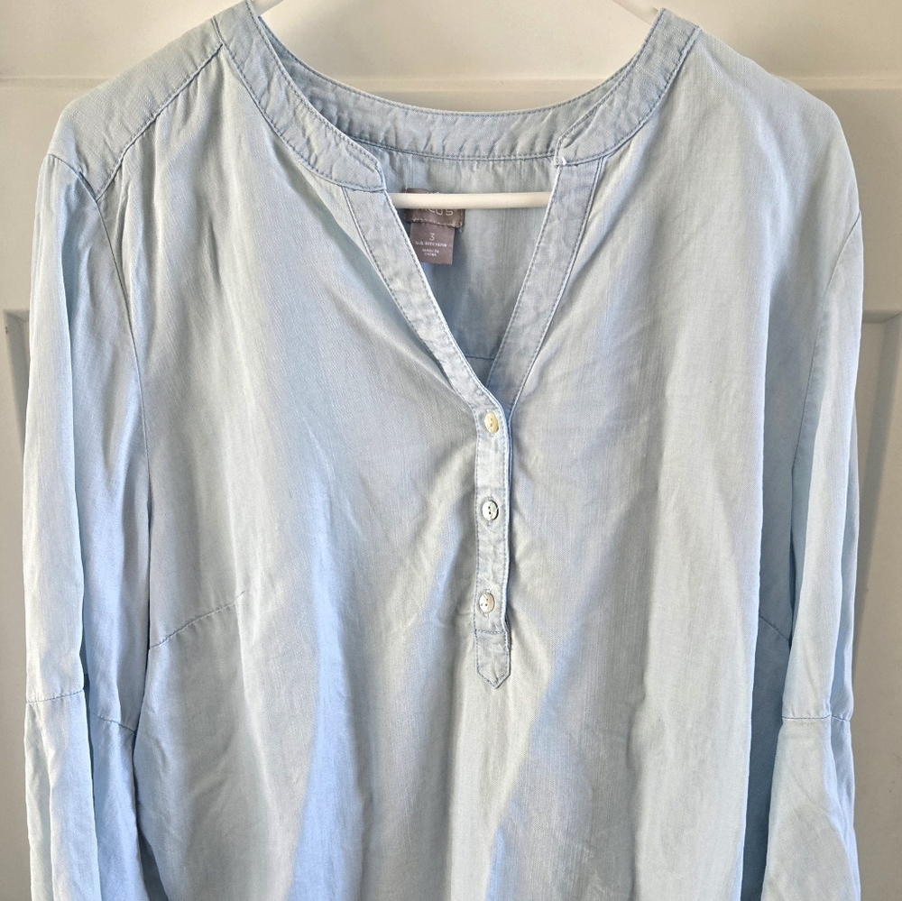 Chico's Chambray Light Chambray Cotton Long Flutter Sleeve Button Sz 3
